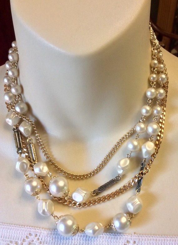 Vintage 4 strand baroque pearl gold chain wedding… - image 1