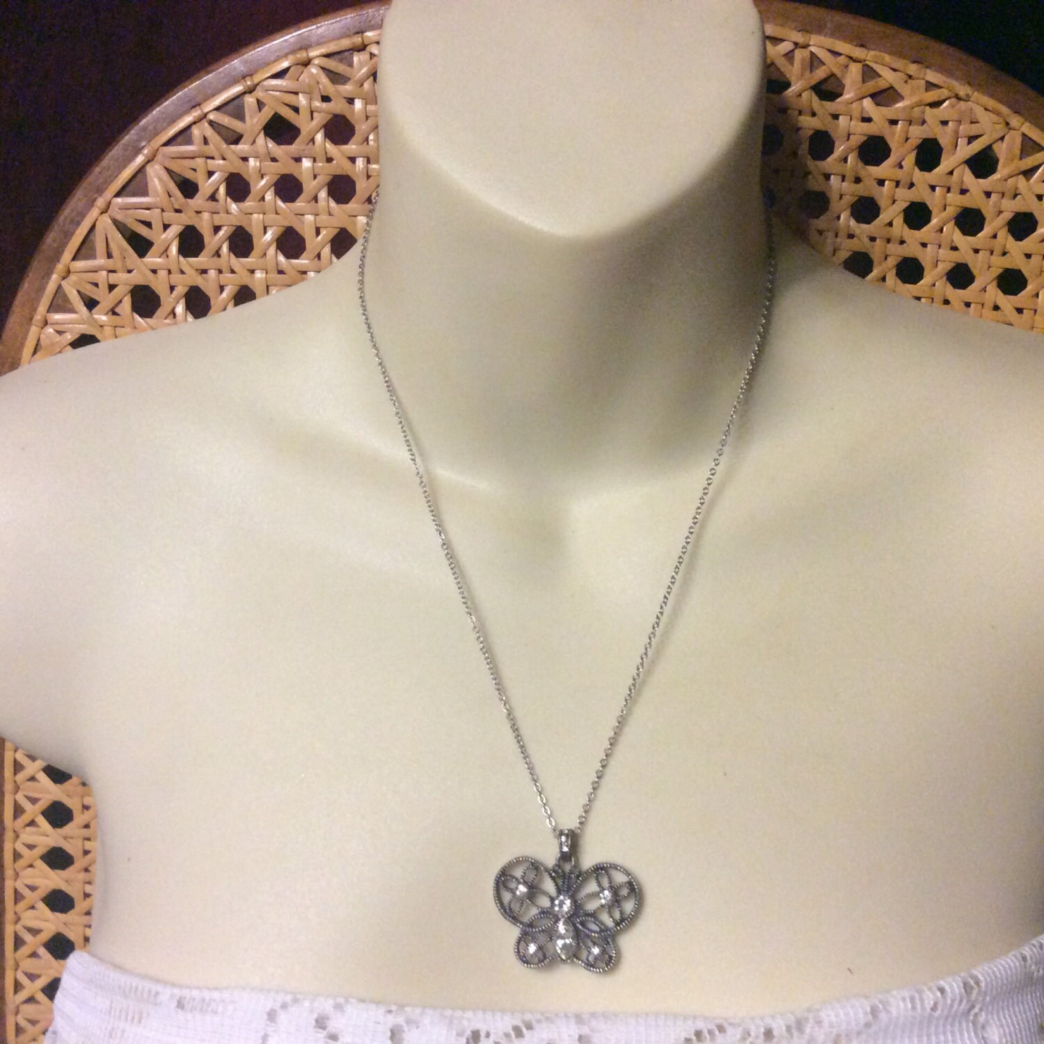 Vintage Rhinestone Butterfly Pendant Necklace. Etsy