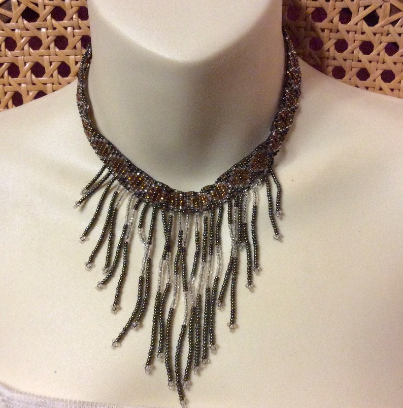 Vintage hand made beaded chatelaine drop dangle bib necklace image 1