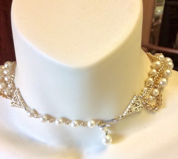 Vintage 4 strand baroque pearl gold chain wedding… - image 3
