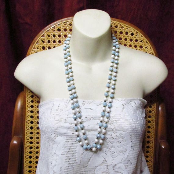 Blue roses fake pearls brass beads beaded necklac… - image 2