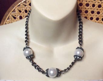 Blackened metal chain large faux pearl rhinestone rondelles necklace.