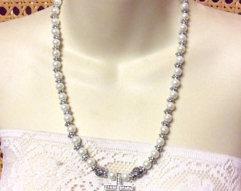 Vintage rhinestone cross silver marcasite beads and imitation pearls necklace.