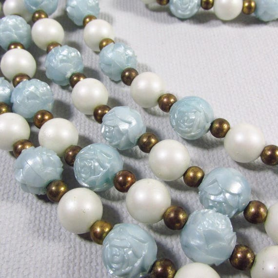 Blue roses fake pearls brass beads beaded necklac… - image 1