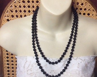 Black glass beads beaded long necklace designer signed LR