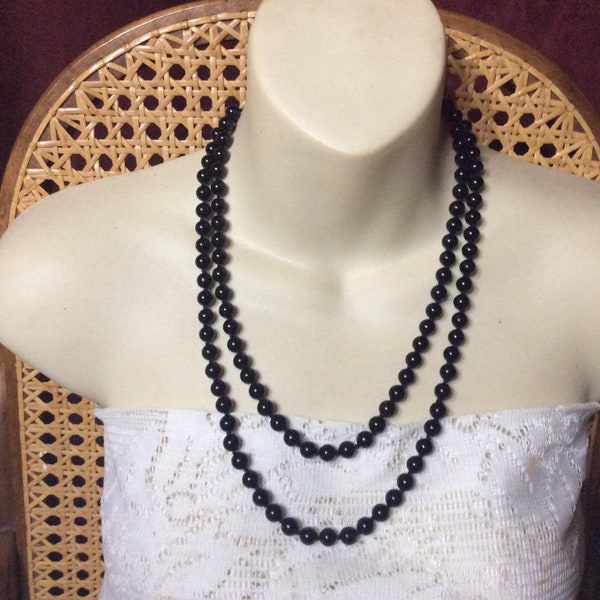 Black glass beads beaded long necklace designer signed LR