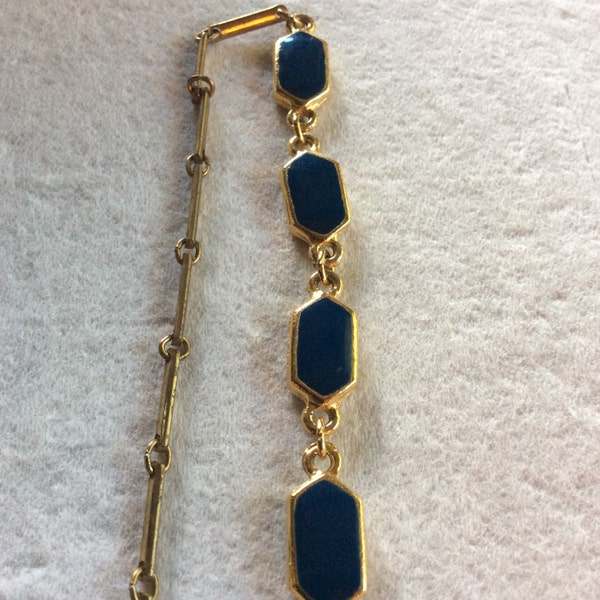 Vintage gold link chain bezel set navy blue enamel necklace