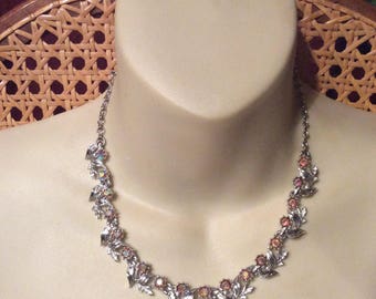 1950s aurora borealos rhinestone rhodium metal collar necklace.
