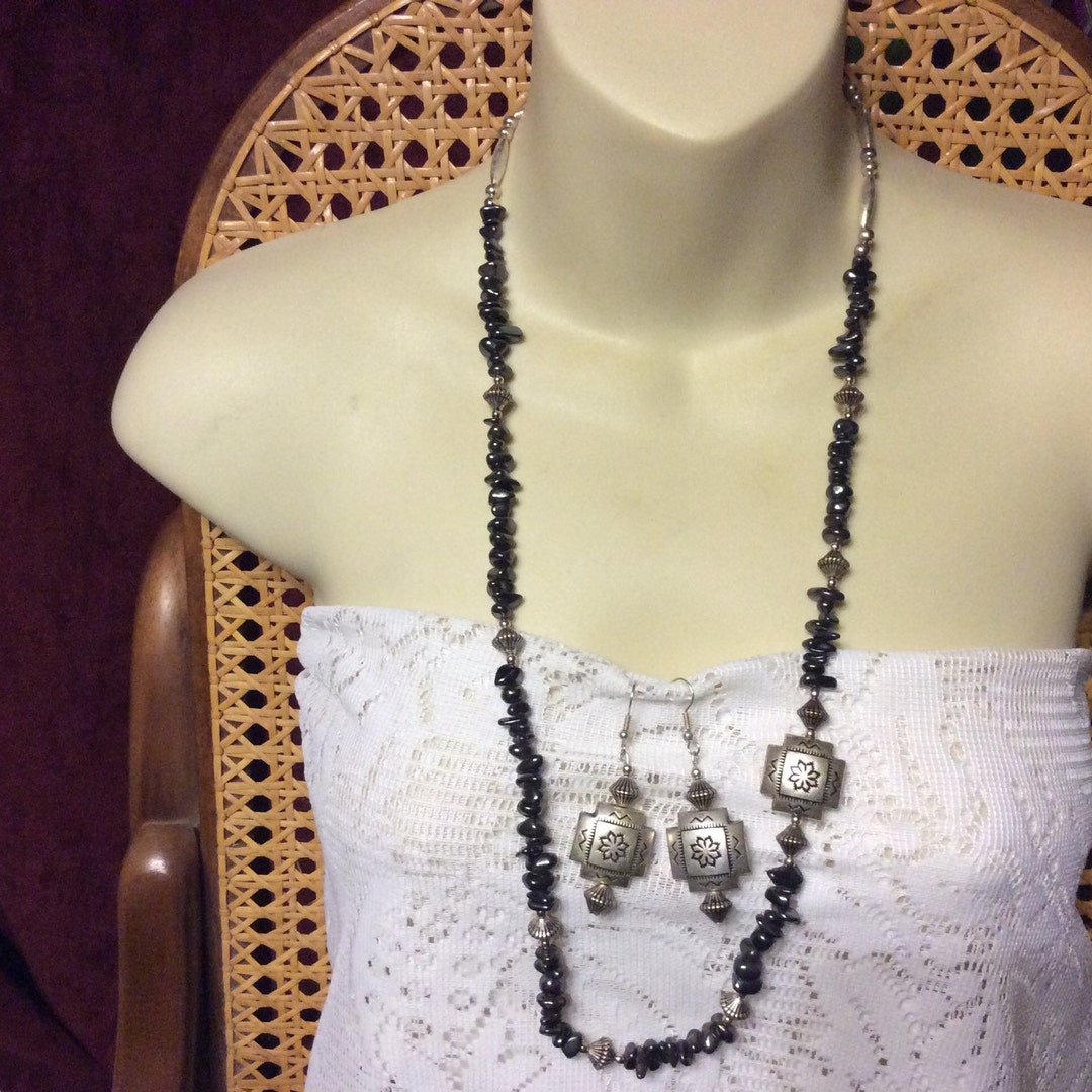 Hematite Bead Chunks Silver Metal Tribal Look Necklace and - Etsy