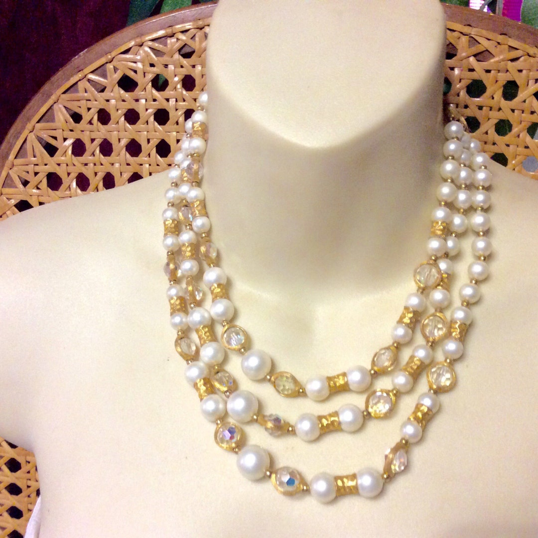 Vintage 1950s Triple Strand Faux Pearls Spinner Crystals Necklace. Etsy