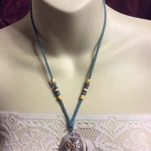 Vintage carved seashell with cross leather fish bone necklace image 2