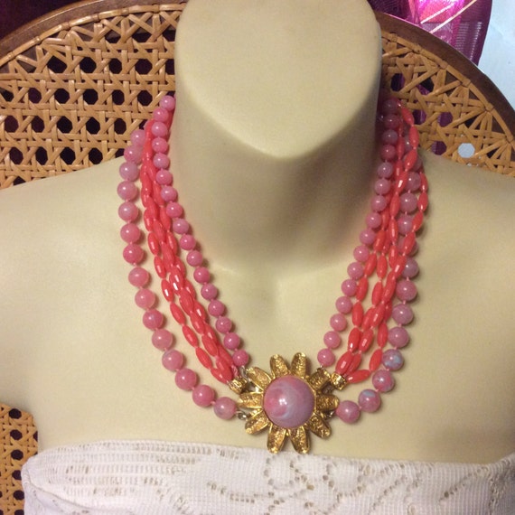 Pink beaded multi strand flower front closure nec… - image 1