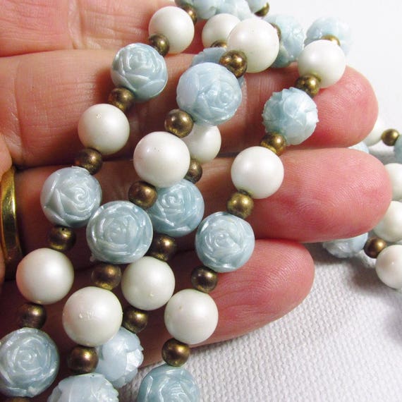 Blue roses fake pearls brass beads beaded necklac… - image 3