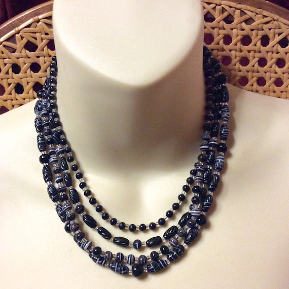 Collier Vintage En Verre De Murano - Noir Et Multicolore à Motifs - Occasion