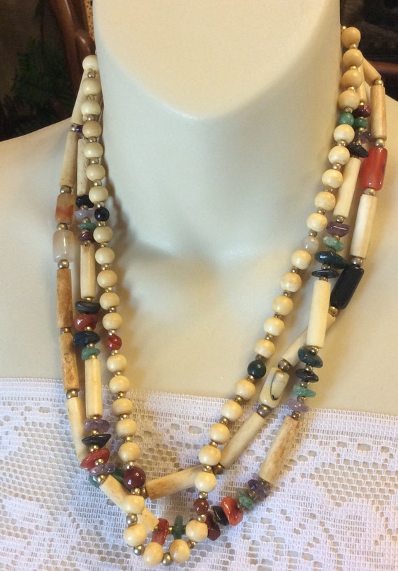 Vintage tribal bone tube beads gemstone chips trip