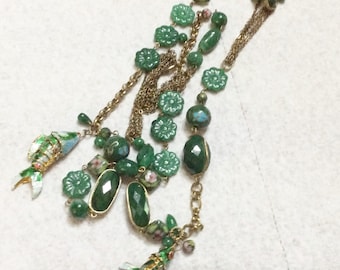 Vintage green cloisonne reticulated fish beaded necklace