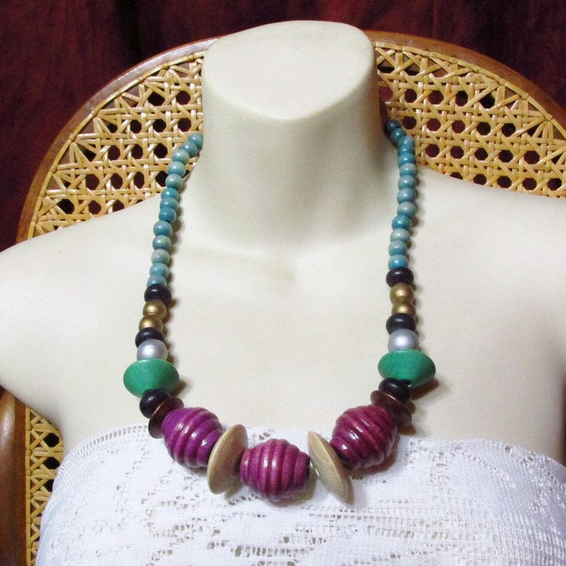 Vintage tribal wood wooden beads beaded necklace