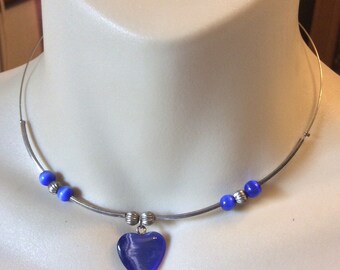 Vintage blue cats eye glass beads heart wrap around collar necklace .