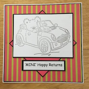 Mini Cooper Convertible Birthday Card - Pink Green Stripe