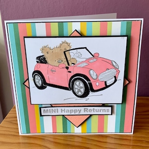 Mini Cooper Convertible Birthday Card - Salmon Pink Stripe