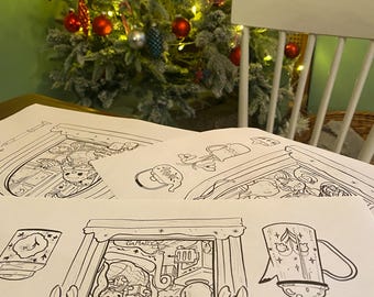 May include: A black and white coloring book page with a detailed illustration of a Christmas scene. The scene includes a fireplace, a Christmas tree, and a variety of gifts. The page is surrounded by a border of stars and snowflakes.