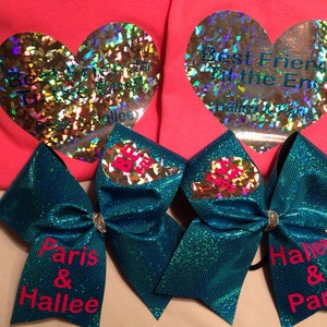 Best friends cheer bow & shirt (2 each) choose colors personalize green red blue gold black purple pink etc