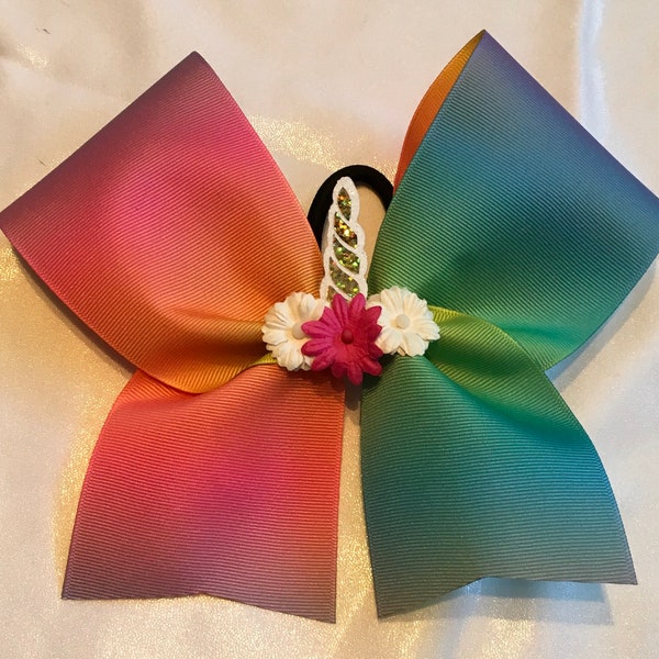 3d unicorn rainbow cheer bow with holographic horn