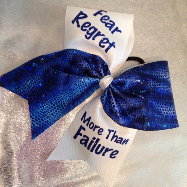 Inspirational Cheer bow Fear regret more than failure choose colors green red blue gold black purple pink etc