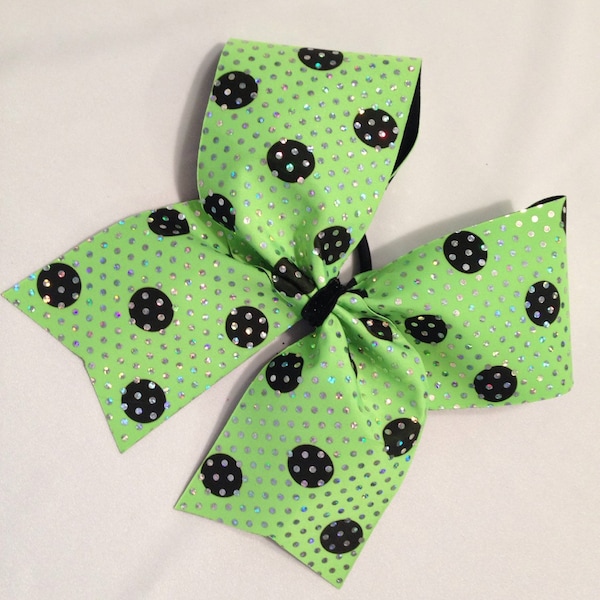 Neon cheer bow 3" neon green, black polka dots, silver holographic dots