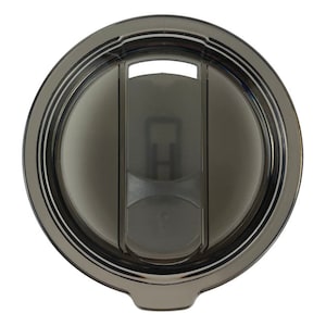 May include: A stainless steel tumbler lid with a clear plastic slider to open and close the lid. The lid has a black rubber seal around the edge.