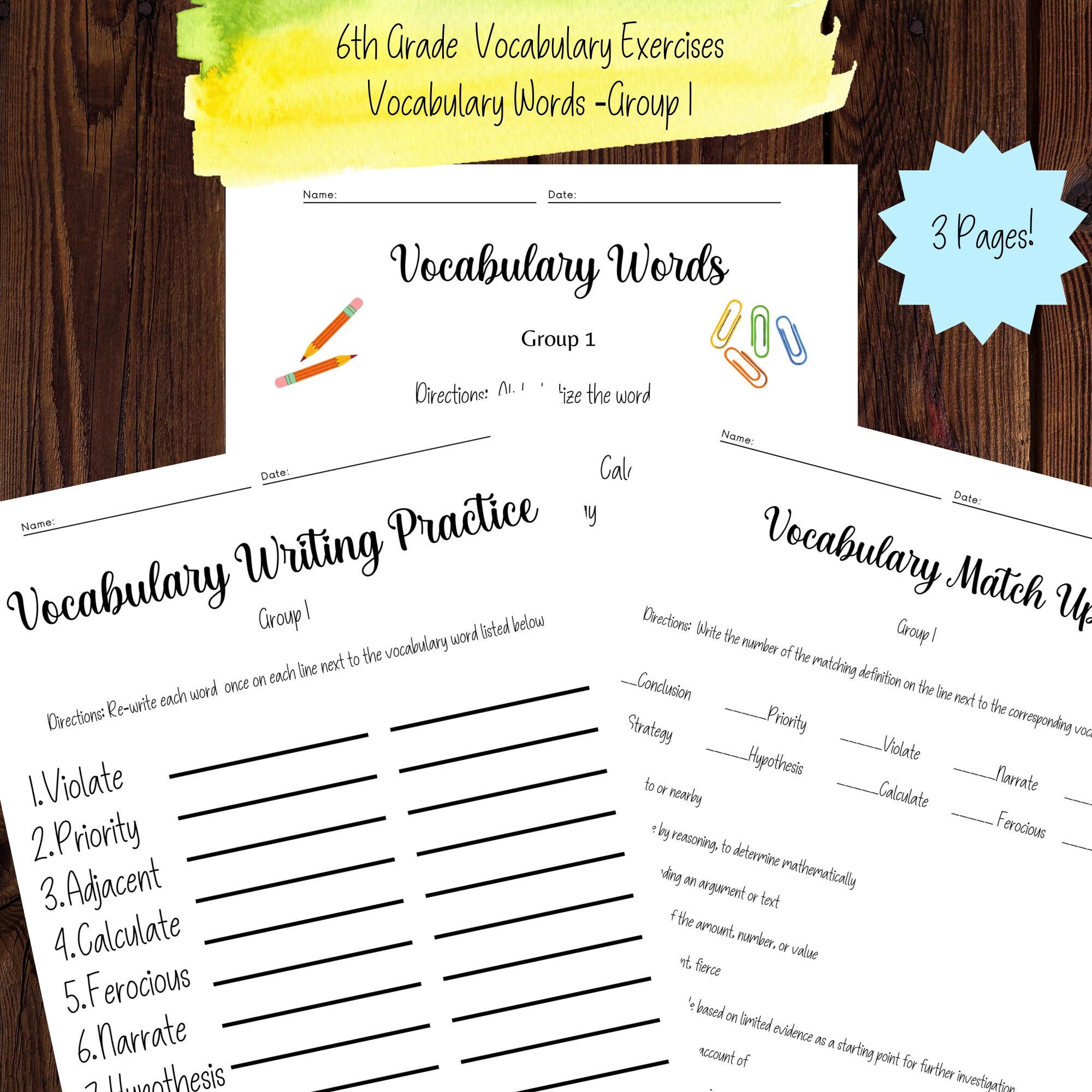 6th grade vocabulary exercises vocabulary words group 1 etsy
