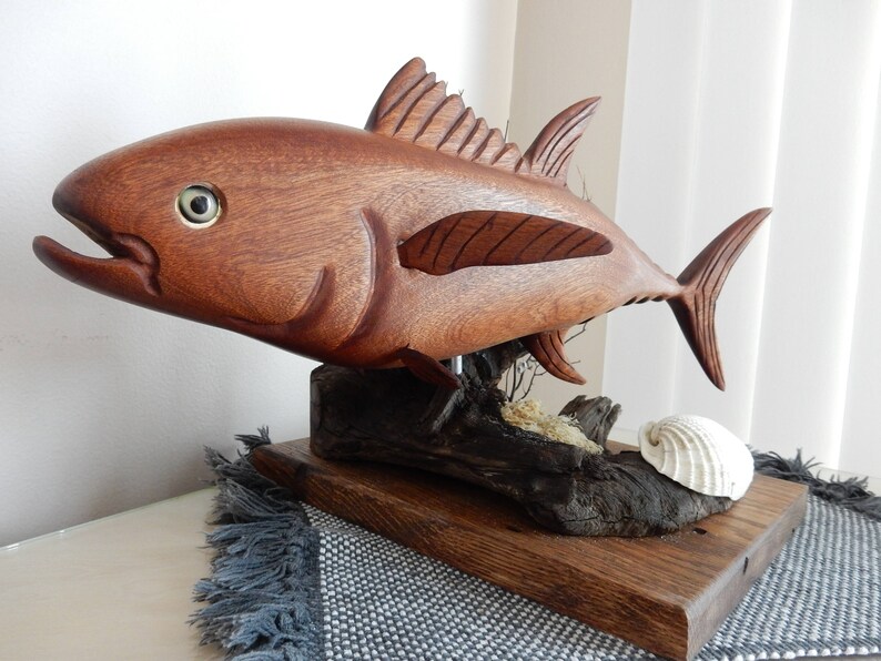 Hand-carved Tuna Sculpture from African Sapele mahogany image 8