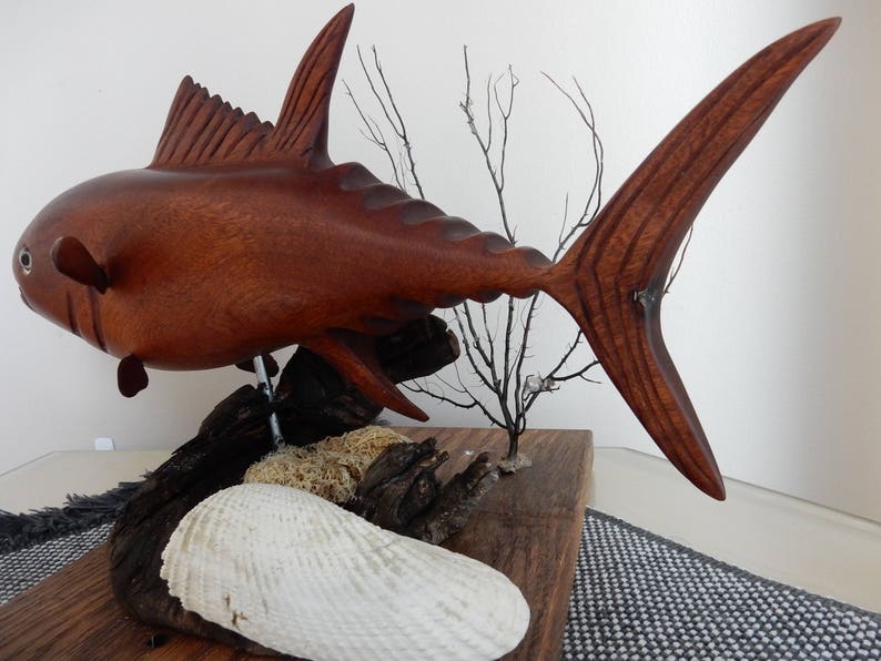 Hand-carved Tuna Sculpture from African Sapele mahogany image 7