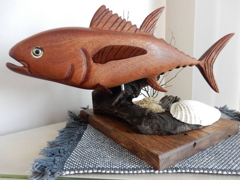 Hand-carved Tuna Sculpture from African Sapele mahogany image 3