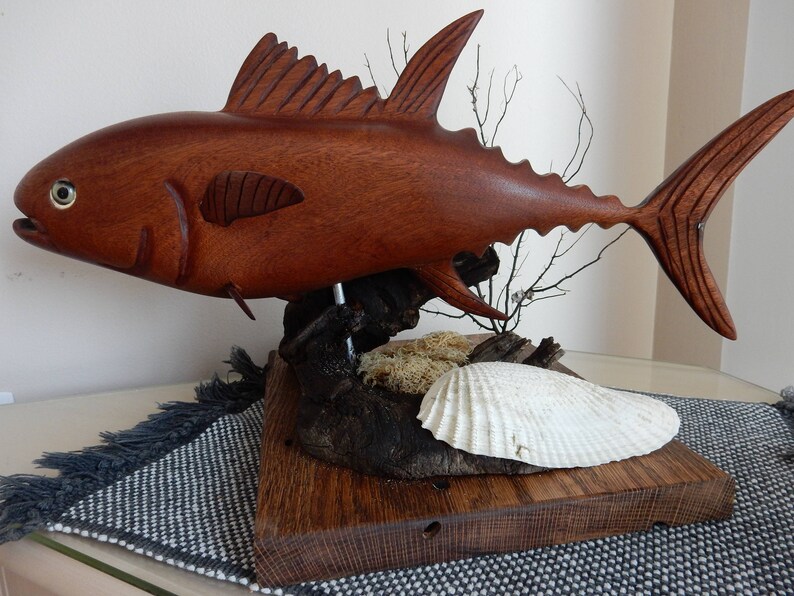 Hand-carved Tuna Sculpture from African Sapele mahogany image 4