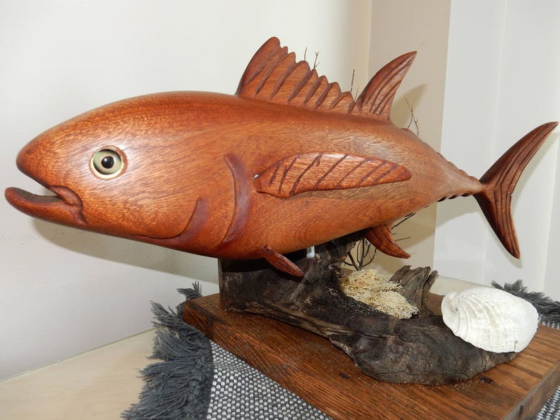 Hand-carved Tuna Sculpture from African Sapele mahogany image 2