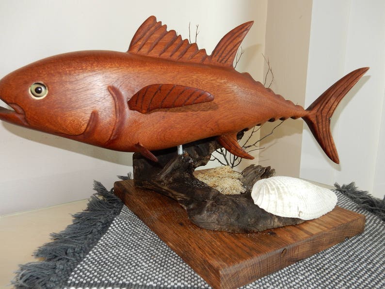 Hand-carved Tuna Sculpture from African Sapele mahogany image 5