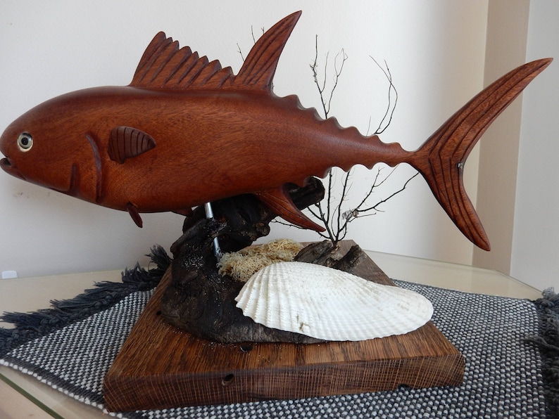 Hand-carved Tuna Sculpture from African Sapele mahogany image 6