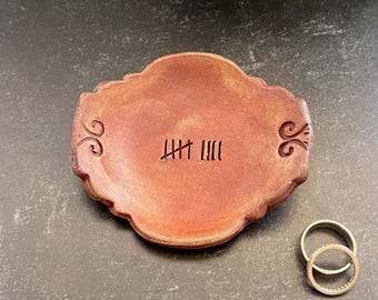 9th Anniversary Pottery Ring Dish: 9 Year Tally Mark Gift, Handmade Stoneware Trinket Tray