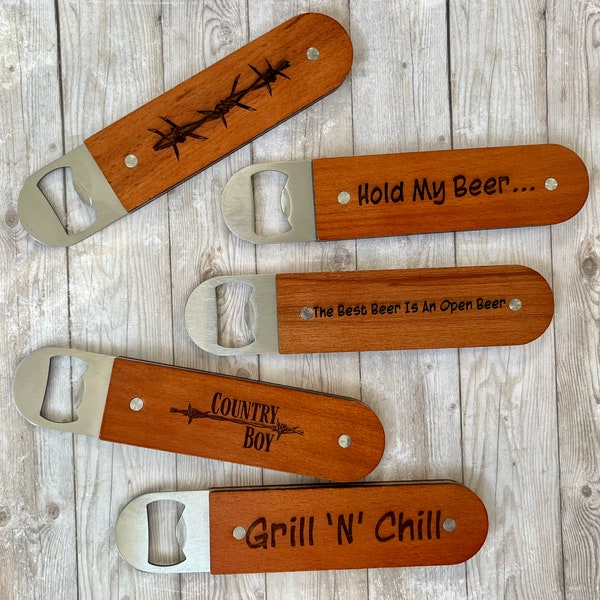 Custom Engraved Stainless Steel & Wood Commercial Grade Bottle Opener, Stock Options, Wedding Favor, Customized Gifts, Business Advertising