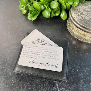 Tarjeta de billetera de metal personalizada "Te amo más" para esposo, regalo de San Valentín para novio, regalos sentimentales para él, tarjeta con foto para insertar en la billetera