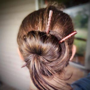 May include: A woman with brown hair is wearing two wooden hair sticks in her hair. The hair sticks are brown and have a simple design. The woman's hair is pulled back into a bun.