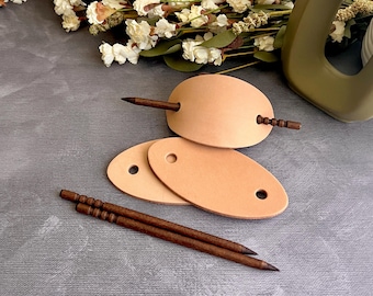Veg Tan Leather Hair Barrette Blank with Wooden Stick, DIY Craft Supply