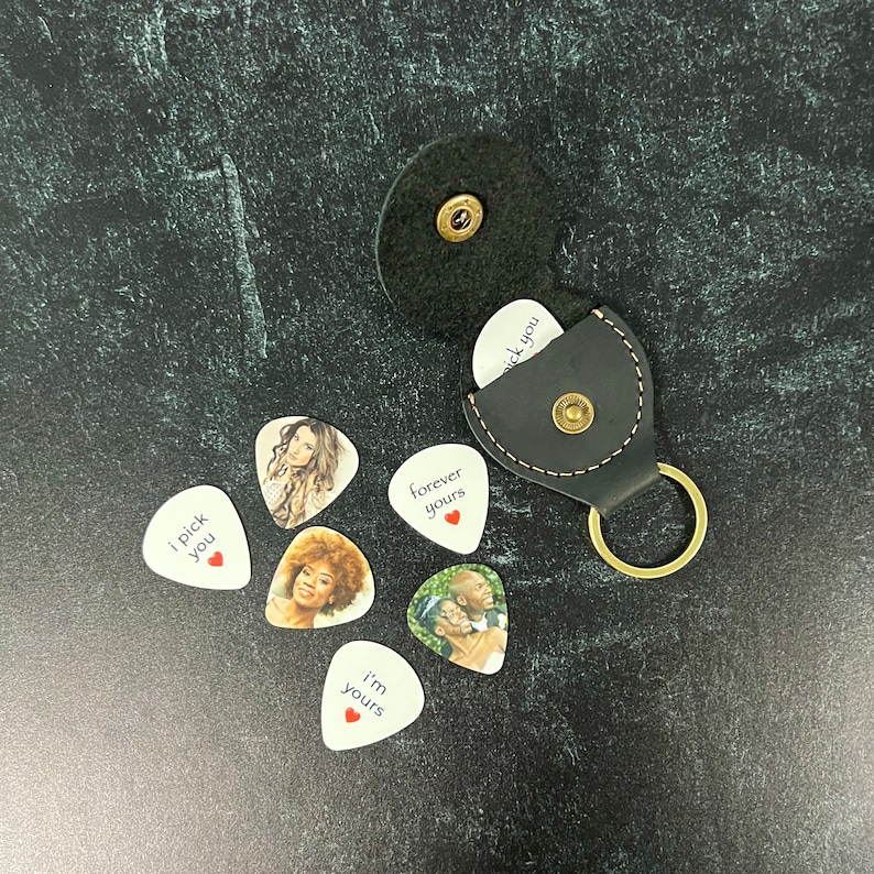 color custom photo guitar picks with leather pick pouch keychain, custom text and personalized photo