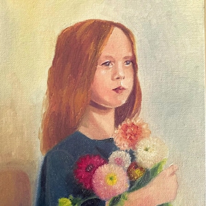 Original Painting,Oil Painting,&quot;Girl with Flowers&quot; ,15x24 cm,Oil on Board