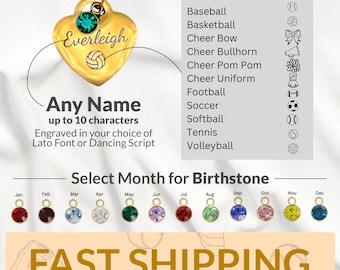 Collar personalizado con piedra de nacimiento de corazón: dije deportivo, nombre grabado