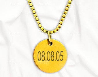 Collar con colgante de disco dorado personalizado / Fecha grabada, acero inoxidable