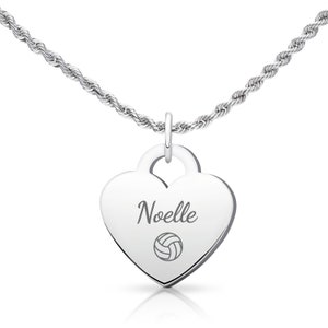 Personalized Volleyball Necklace: Stainless Steel Rope Chain, Heart Pendant