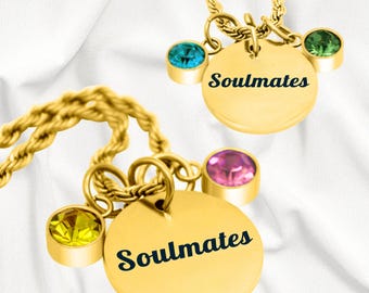 Collar personalizado de oro para alma gemela: colgante con piedra de nacimiento, chapado en 18 quilates