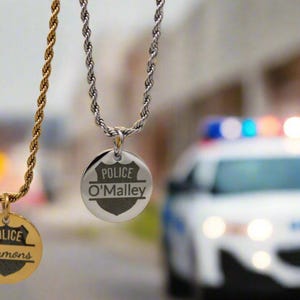 Personalized Police Badge Necklace: Engraved Name Pendant, Stainless Steel